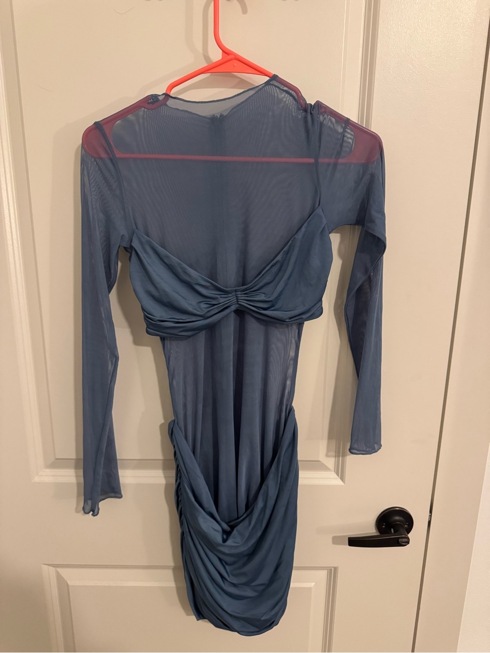 Sheer Long-Sleeve Blue Twist-Front Bodycon Dress